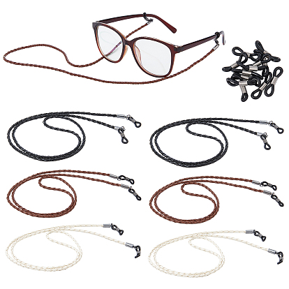 6Pcs 3 Color PU Leather Braided Round Eyeglasses Chains, Neck Strap for Eyeglasses & Eyeglass Holders, with 12Pcs Glasses Rubber Loop Ends with 304 Stainless Steel Findings