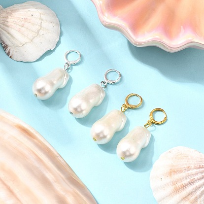 2 Pairs Brass Plastic Pearl Hoop Earrings, Oval