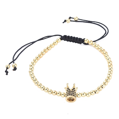 Braided Bead Bracelets, with Brass Round Beads and Brass Cubic Zirconia Beads and Braided Nylon Thread, Crown, with Cardboard Box