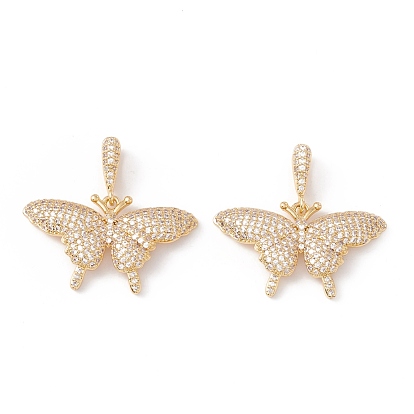 Brass Micro Pave Cubic Zirconia Pendants, Cadmium Free & Lead Free, Real 18K Gold Plated, Butterfly