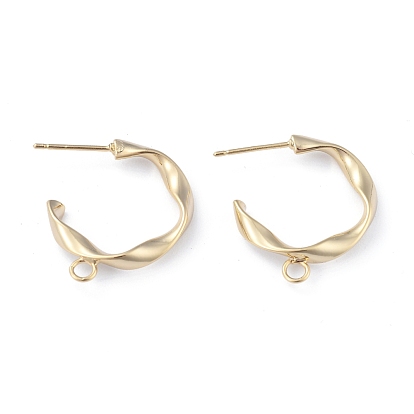 Brass Stud Earring Findings, with Loop, Half Hoop Earrings, Long-Lasting Plated, Twist Ring