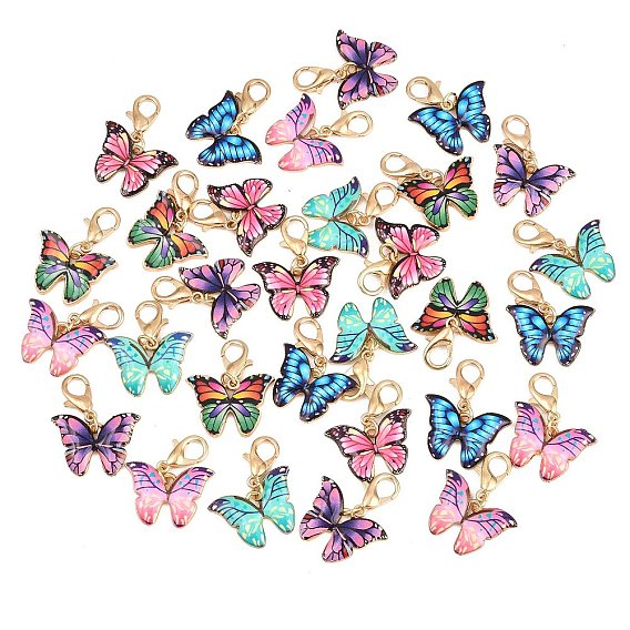 30шт 6 цветной сплав эмали кулон украшения, бабочка, Сплав с застежками когтя омара, золотой свет