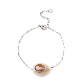 Natural Cowrie Shell Link Bracelet with Satellite Chain for Women, Stainless Steel Color