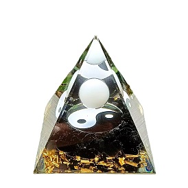 Yin Yang Eight-Trigram Pattern Orgonite Pyramid Resin Display Decorations, with Natural White Jade, Obsidian Chips Inside, for Home Office Desk
