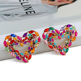 Elegant Colorful Crystal Heart-shaped Earrings with Metal Hollow-out Design