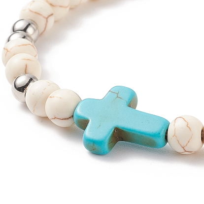 Synthetic Turquoise(Dyed) & Magnesite Braided Bead Bracelet with Cross, Gemstone Jewelry for Women