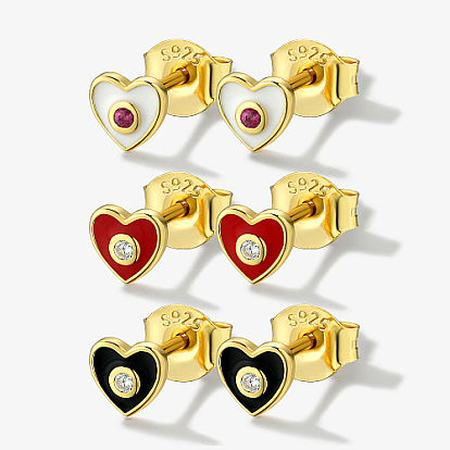 Heart Real 18K Gold Plated 925 Sterling Silver Micro Pave Cubic Zirconia Stud Earrings with Enamel, with S925 Stamp