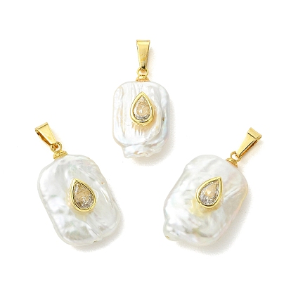 Natural Baroque Pearl Keshi Pearl Pendants, Rectangle Charms, with Teardrop Brass Micro Pave Cubic Zirconia Findings, White