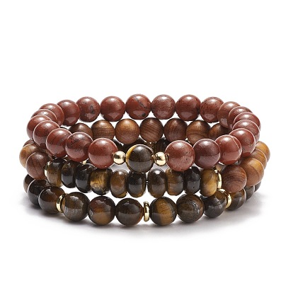 3Pcs 3 Style Natural Red Jasper & Tiger Eye & Wood Stretch Bracelet Sets, Gemstone Jewelry for Women