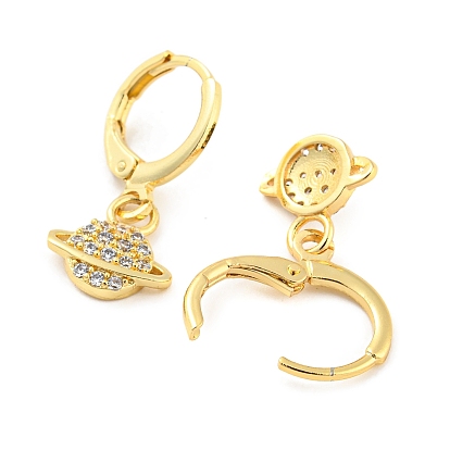 Planet Shape Rack Plating Brass Micro Pave Cubic Zirconia Dangle Leverback Earrings, Long-Lasting Plated, Cadmium Free & Lead Free