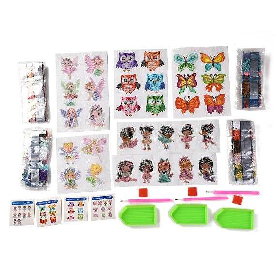 DIY Owl & Butterfly & Girl & Flower Fairy Diamond Painting Stickers Kits For Kids, with Diamond Painting Stickers, Rhinestones, Diamond Sticky Pen, Tray Plate and Glue Clay