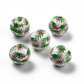 Spray Painted European Schima Wood Beads, Large Hole Beads, Round with Floral Pattern