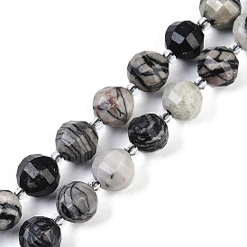 Natural Black Netstone Beads Strands, Faceted, Lantern, with Seed Beads