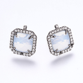 Brass Micro Pave Cubic Zirconia Stud Earring Findings, with Loop, Glass, Imitation Opalite, Square, Gunmental