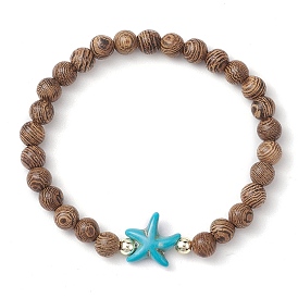 Summer Beach Starfish Dyed Synthetic Turquoise & 6mm Round Wenge Wood Beaded Stretch Bracelets for Women