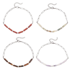 Браслеты на ногу из натурального тигрового глаза, красной яшмы, фиолетовой бирюзы и нефрита в форме колонны 304 из нержавеющей стали в виде цепочки-скрепки для женщин