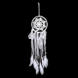 Tela/red tejida de hierro con adornos colgantes de plumas, con cuentas de madera, cubierto con encaje de algodón y cordón de cuero, plano y redondo
