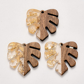 Transparent Resin & Walnut Wood Pendants, Tropical Leaf Charms, with Foil, Waxed, Monstera Leaf