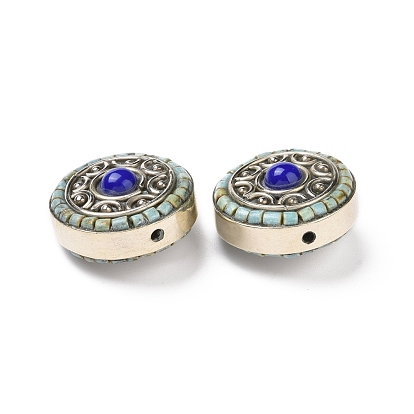 Perles de style à la main tibétains, avec des résultats en laiton et turquoise synthétique, plat rond, argent antique