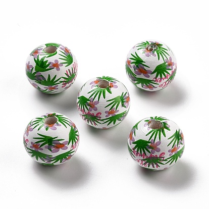 Spray Painted European Schima Wood Beads, Large Hole Beads, Round with Floral Pattern