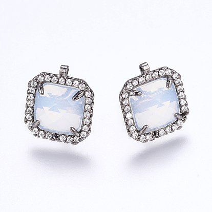 Brass Micro Pave Cubic Zirconia Stud Earring Findings, with Loop, Glass, Imitation Opalite, Square, Gunmental