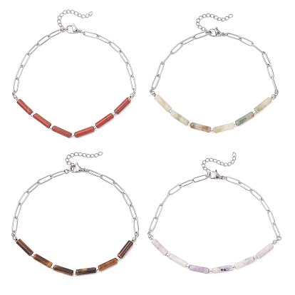 Браслеты на ногу из натурального тигрового глаза, красной яшмы, фиолетовой бирюзы и нефрита в форме колонны 304 из нержавеющей стали в виде цепочки-скрепки для женщин
