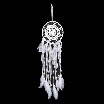 Tela/red tejida de hierro con adornos colgantes de plumas, con cuentas de madera, cubierto con encaje de algodón y cordón de cuero, plano y redondo