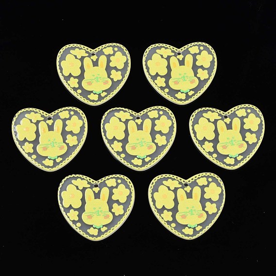 Transparent Printed Acrylic Pendants, Heart with Rabbit