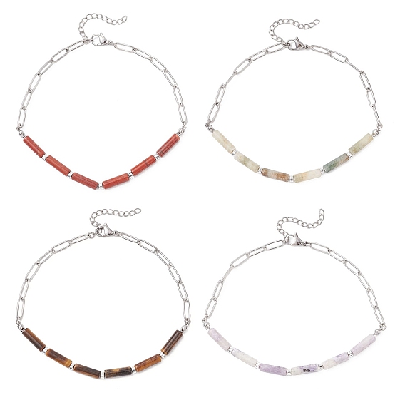 Браслеты на ногу из натурального тигрового глаза, красной яшмы, фиолетовой бирюзы и нефрита в форме колонны 304 из нержавеющей стали в виде цепочки-скрепки для женщин