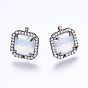 Brass Micro Pave Cubic Zirconia Stud Earring Findings, with Loop, Glass, Imitation Opalite, Square, Gunmental