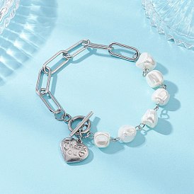 304 гальванизированные бусины из ракушек и 304 цепочки-скрепки из нержавеющей стали, браслеты из бисера для женщин, с 201 застежками-тогглами из нержавеющей стали и {2} подвеской в виде сердца из нержавеющей стали