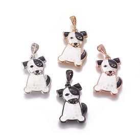 Brass Enamel Puppy Pendants, with Shell Chips, Bulldog