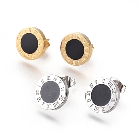 304 Stainless Steel Stud Earrings, with Enamel and Ear Nuts, Flat Round with Roman numerals