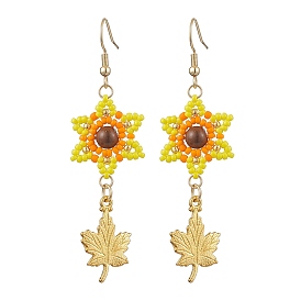 Seed Beads Dangle Earrings, with 304 Stainless Steel Earring Hooks and Alloy Pendants, Flower with Leaf