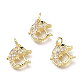 Brass Micro Pave Clear Cubic Zirconia Charms, with Jump Rings, Dolphin Shape