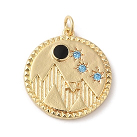 Rack Plating Brass Micro Pave Cubic Zirconia Enamel Pendants, with Jump Ring, Lead Free & Cadmium Free, Flat Round Mountain Charm