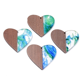 Resin & Walnut Wood Pendants, Two Tone, Heart