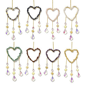 Heart Natural Gemstones Chips Hanging Ornaments, Glass Leaf Hanging Suncatcher for Home Garden Ornaments