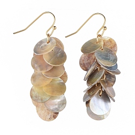 Dangle Earrings, Cluster Earrings, with Mother of Pearl Beads and Brass Findings, Flat Round