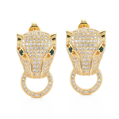 Leopard with Ring Cubic Zirconia Stud Earrings, Real 18K Gold Plated Brass Earrings for Women, Nickel Free