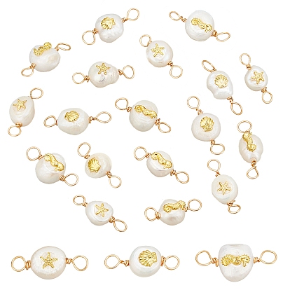 10 комплекты подвесок-коннекторов из натурального культивированного пресноводного жемчуга класса АА с пластинками из сплава, двух сторон полированной, с двойной петлей из медной проволоки, морской конек, раковина и морская звезда