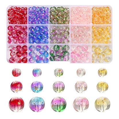565Pcs 15 Style Transparent Spray Painted Glass Beads Strands, with Golden Foil, Round