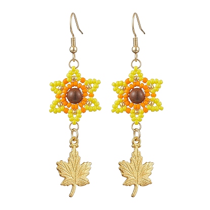 Seed Beads Dangle Earrings, with 304 Stainless Steel Earring Hooks and Alloy Pendants, Flower with Leaf