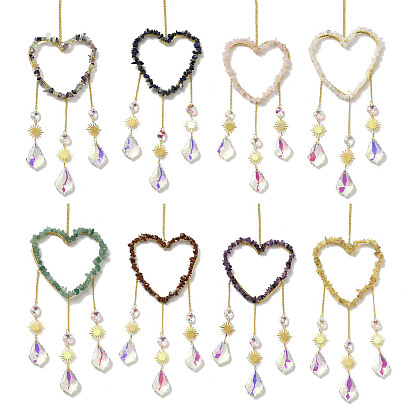Сердце натуральные драгоценные камни чипсы подвесные украшения, стеклянный лист подвесной ловец солнца для украшения дома и сада