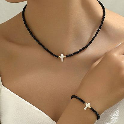 Ensemble de bijoux en perles de verre, collier à pendentif croix en coquillage naturel et bracelet à maillons