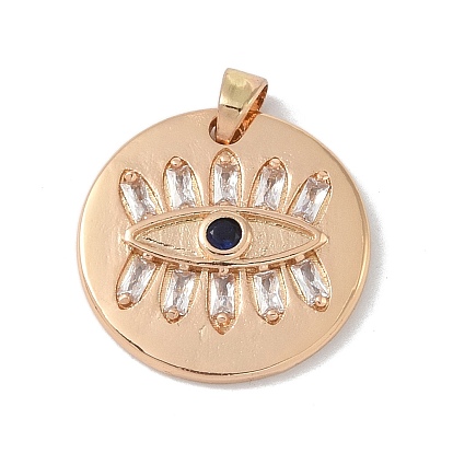 Brass Micro Pave Cubic Zirconia Pendants, Cadmium Free & Nickel Free & Lead Free, Flat Round with Eye