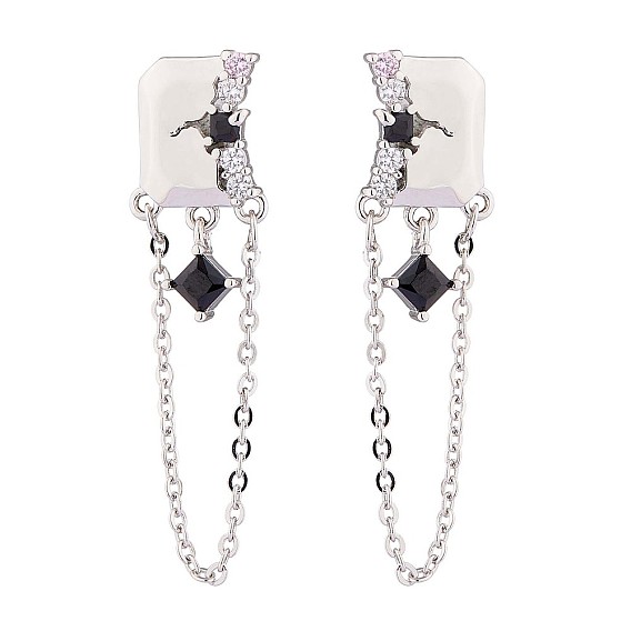 Rhinestone Rhombus with Chain Tassel Dangle Stud Earrings, Brass Drop Earrings for Women