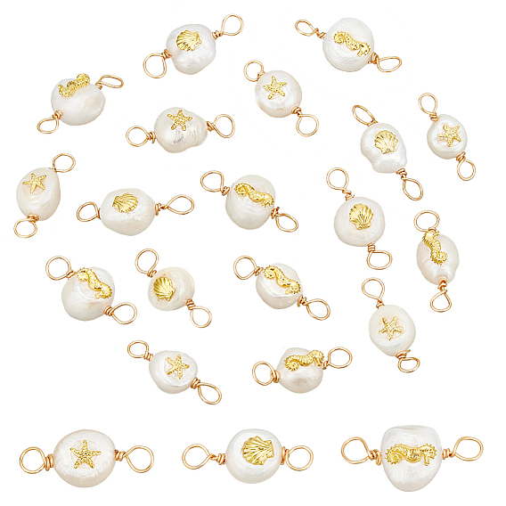 10 комплекты подвесок-коннекторов из натурального культивированного пресноводного жемчуга класса АА с пластинками из сплава, двух сторон полированной, с двойной петлей из медной проволоки, морской конек, раковина и морская звезда