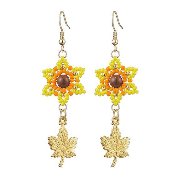 Seed Beads Dangle Earrings, with 304 Stainless Steel Earring Hooks and Alloy Pendants, Flower with Leaf