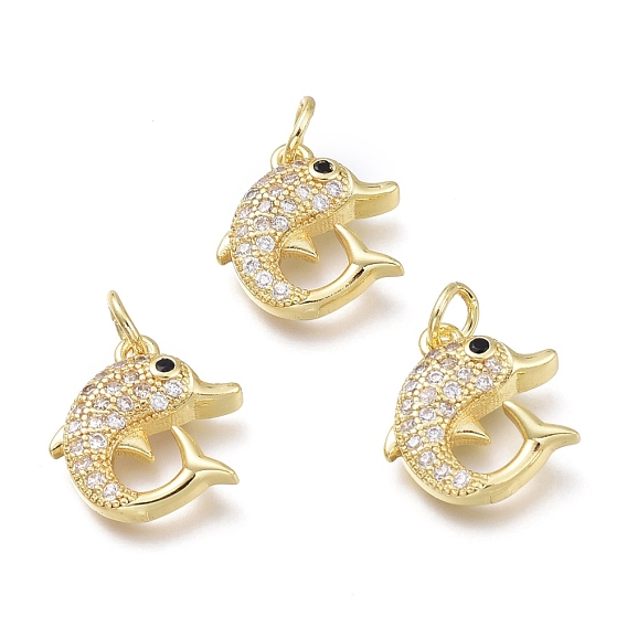 Brass Micro Pave Clear Cubic Zirconia Charms, with Jump Rings, Dolphin Shape